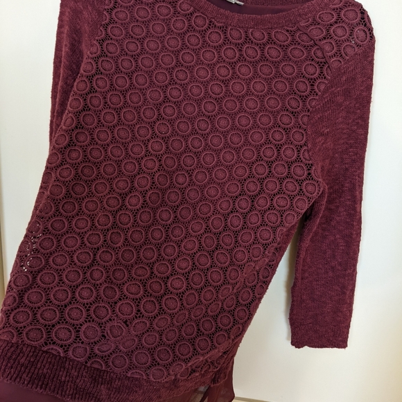 Lucky Brand Maroon Lace Crochet Layered Sweater Boho Crew Neck Medium - Picture 7 of 9